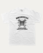 BIKESEXUAL graphic tee with bold and humorous print, Funny Bike Graphic T shirt, Gift for Bike Lover, Motorcycle, Motor Bike Graphic T shirt, funny and trendy graphic. Perfect for adults and gift-giving. White shirt.
