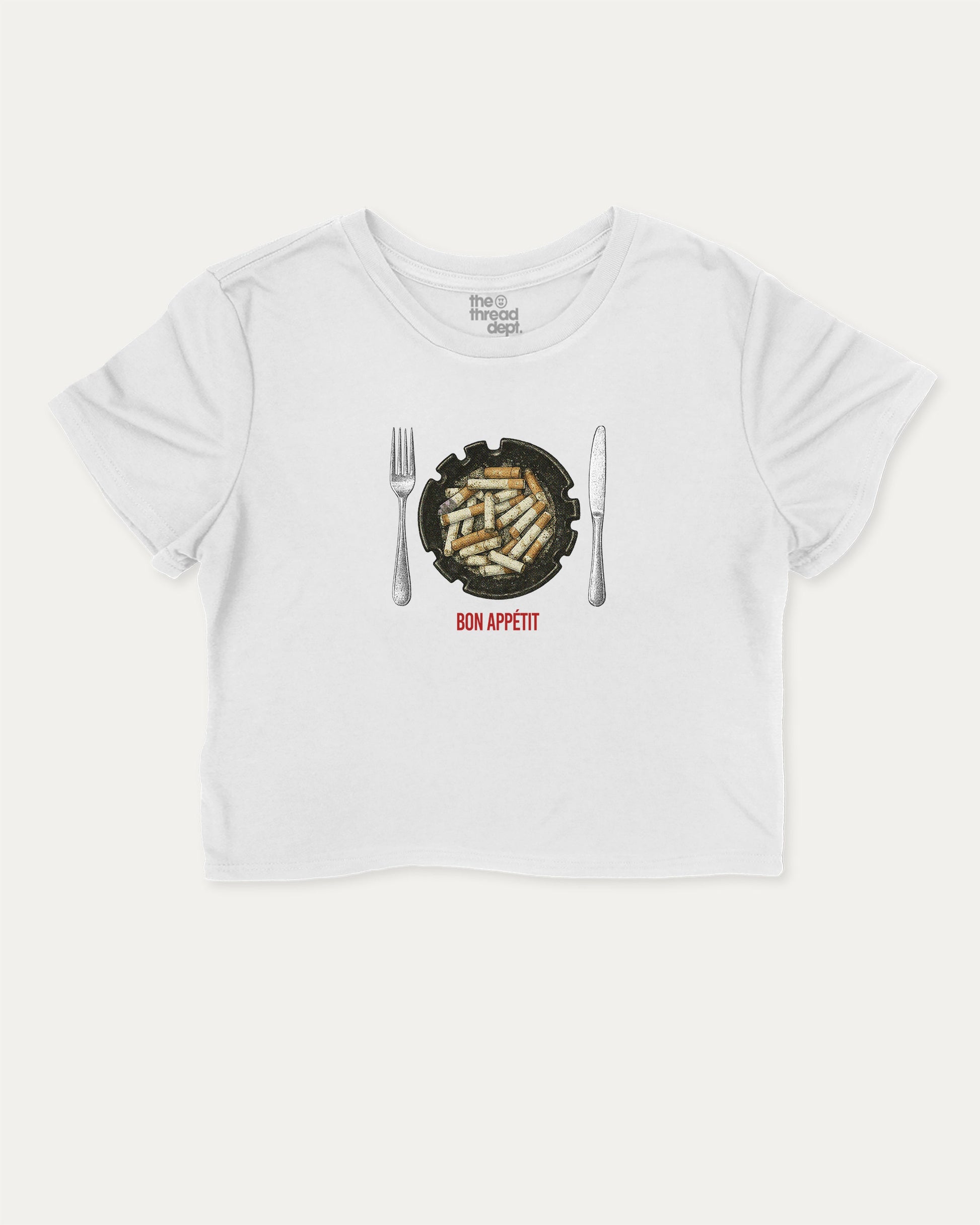 Bon Appetit cute and trendy crop tee with smoke graphic, perfect for women. A must-have cropped aesthetic shirt, ideal for daily outfits and casual days. White crop tee