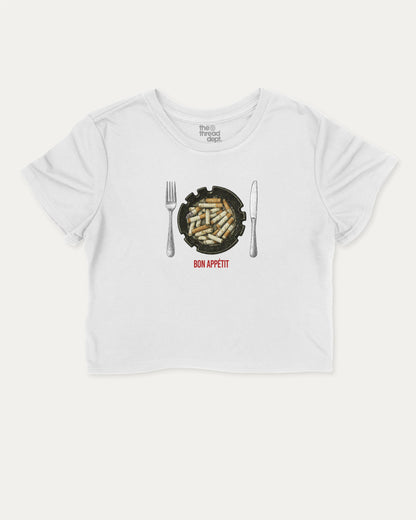 Bon Appetit cute and trendy crop tee with smoke graphic, perfect for women. A must-have cropped aesthetic shirt, ideal for daily outfits and casual days. White crop tee