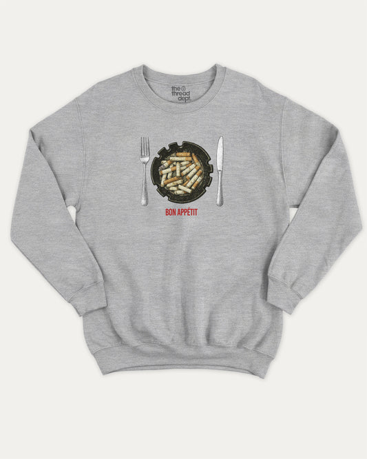 Bon Appetit pullover sweatshirt, perfect for adults. A must-have sarcastic graphic pullover, comfy cold-weather wear, bold casual look. Heather Grey sweater
