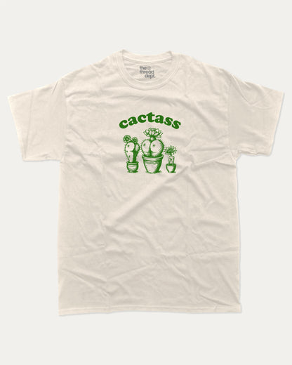 Cactass graphic tee with bold and humorous print, funny and trendy graphic. Perfect for adults and gift-giving. Cream shirt.