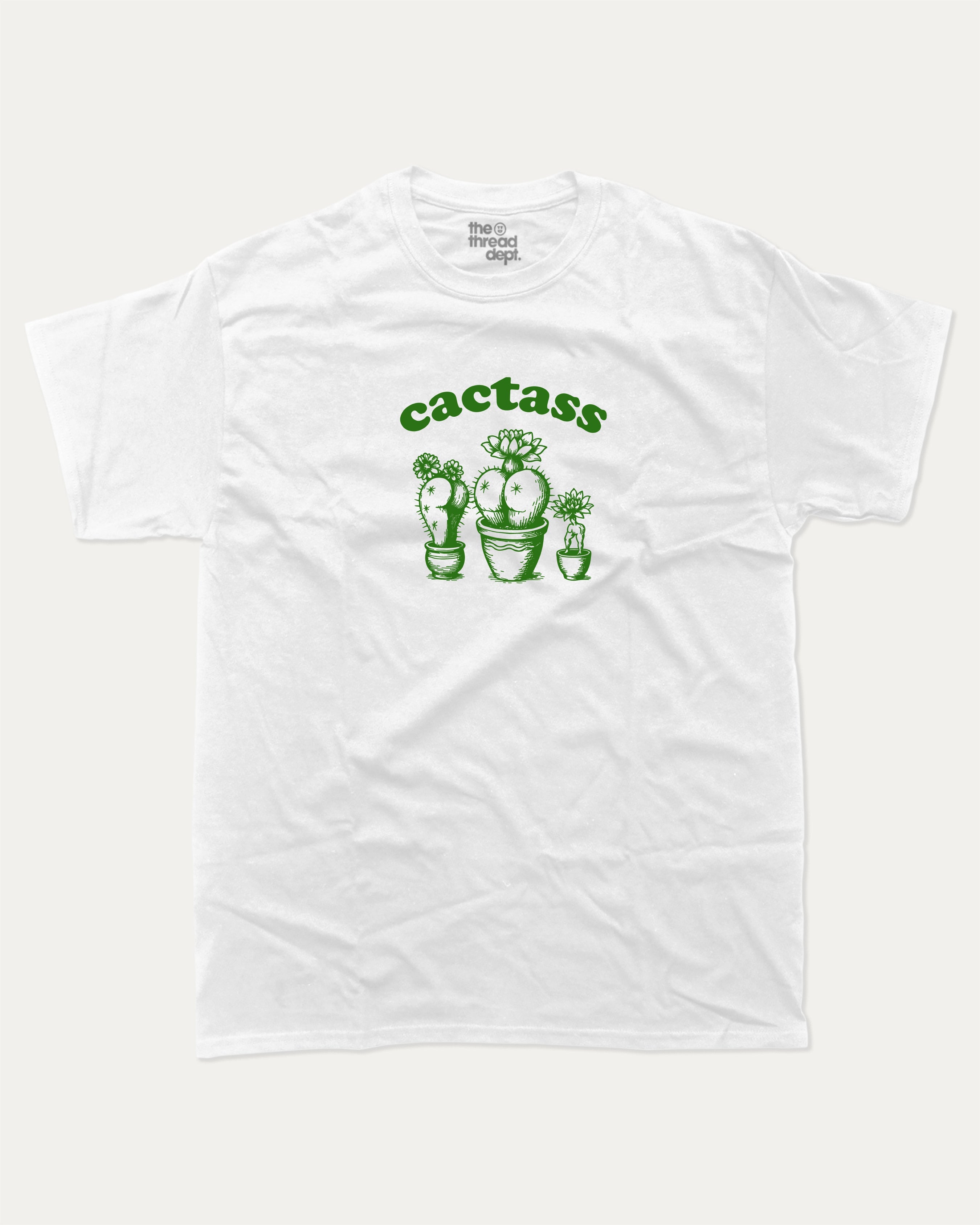 Cactass graphic tee with bold and humorous print, funny and trendy graphic. Perfect for adults and gift-giving. White shirt.
