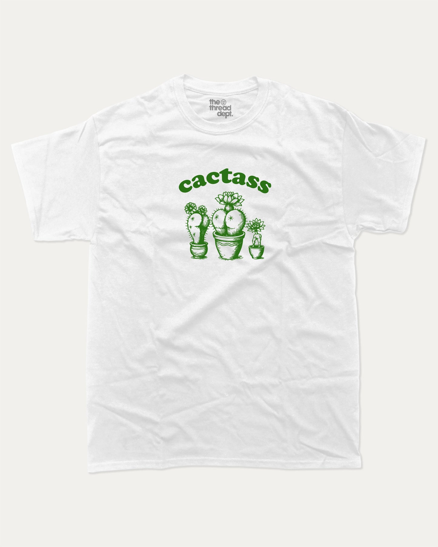 Cactass graphic tee with bold and humorous print, funny and trendy graphic. Perfect for adults and gift-giving. White shirt.