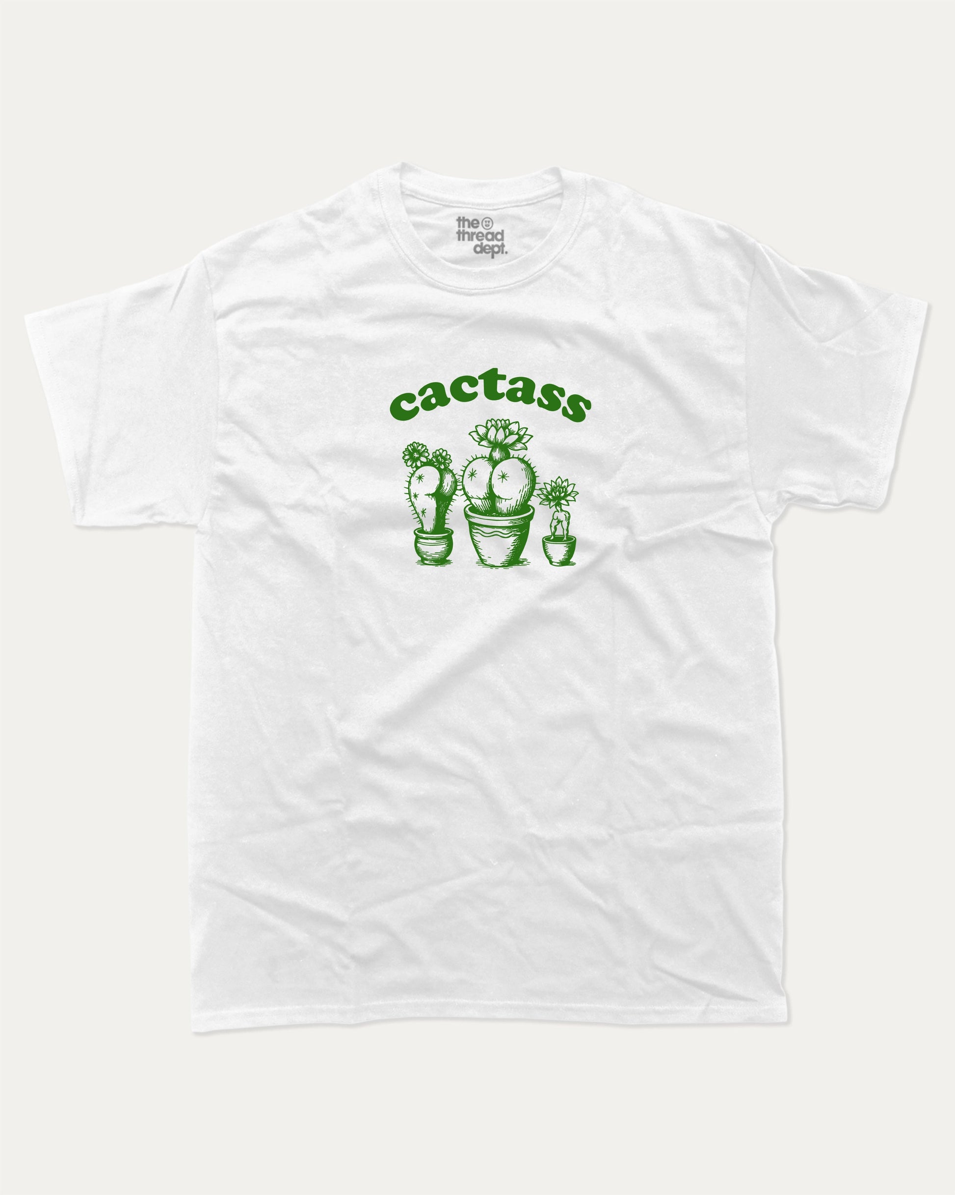 Cactass graphic tee with bold and humorous print, funny and trendy graphic. Perfect for adults and gift-giving. White shirt.