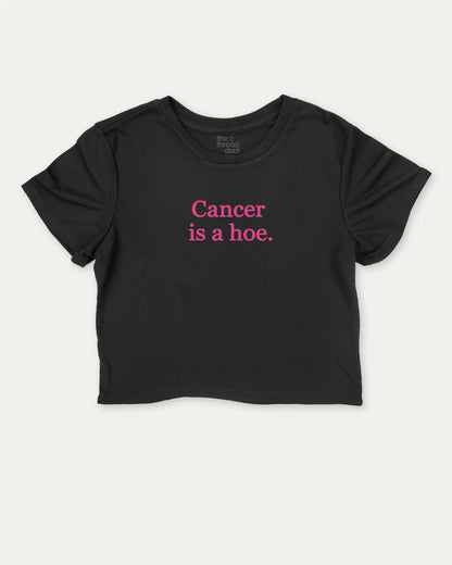 Cancer Is A Hoe graphic crop tee with funny cancer print, perfect for women’s casual looks or layering. Black crop t-shirt.