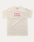 Cancer Is A Hoe graphic tee with breast cancer awareness graphic, funny and trendy graphic. Perfect for adults and gift-giving. Cream shirt.