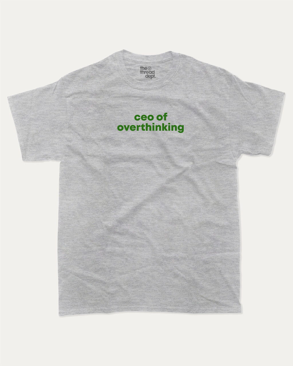 ceo of overthinking graphic tee with bold and humorous print, funny and trendy graphic. Perfect for adults and gift-giving. Heather Grey shirt.
