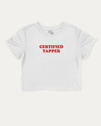 Certified Yapper graphic crop tee with funny and trendy meme print, perfect for women_ casual looks or layering. White crop t-shirt.