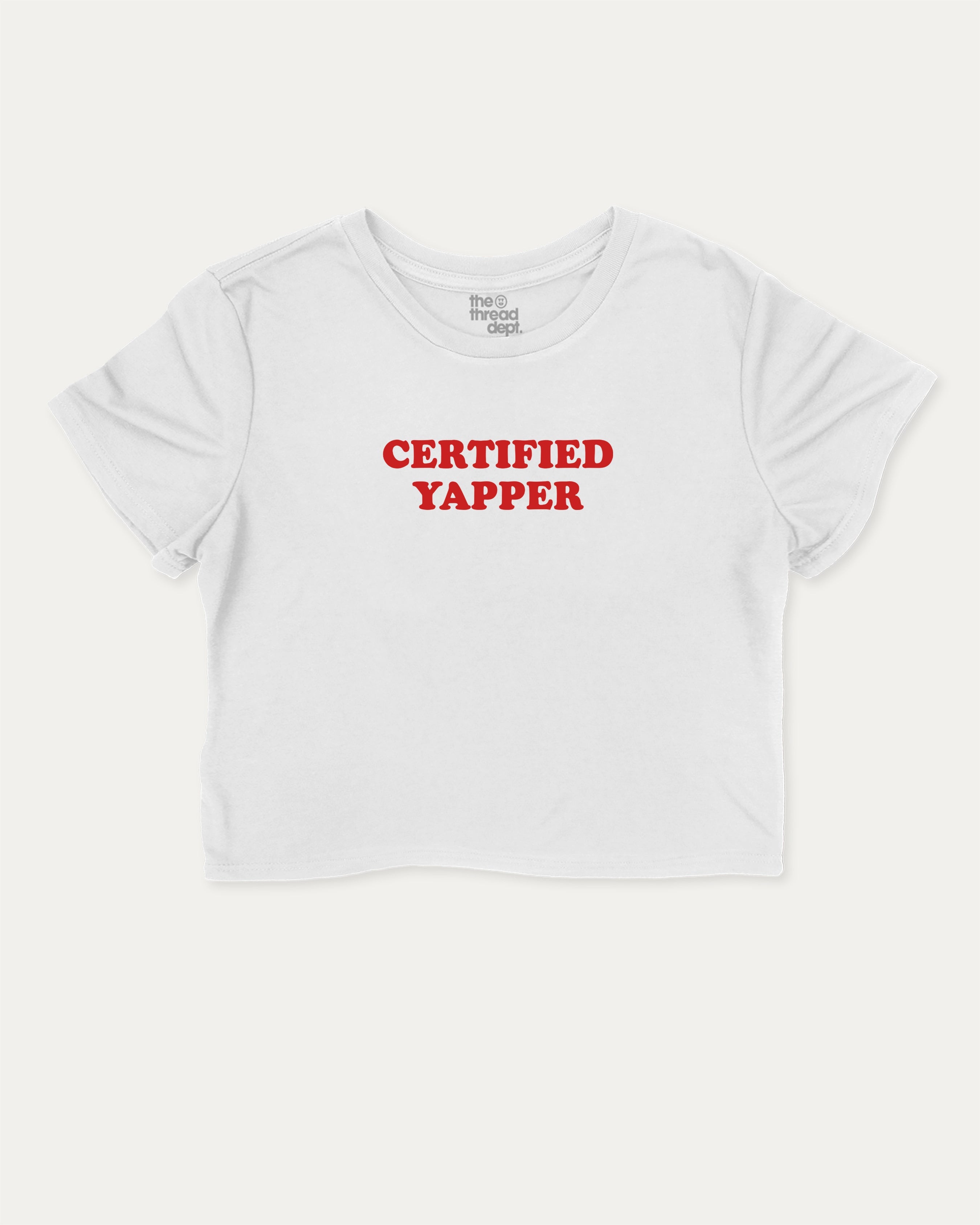 Certified Yapper graphic crop tee with funny and trendy meme print, perfect for women_ casual looks or layering. White crop t-shirt.