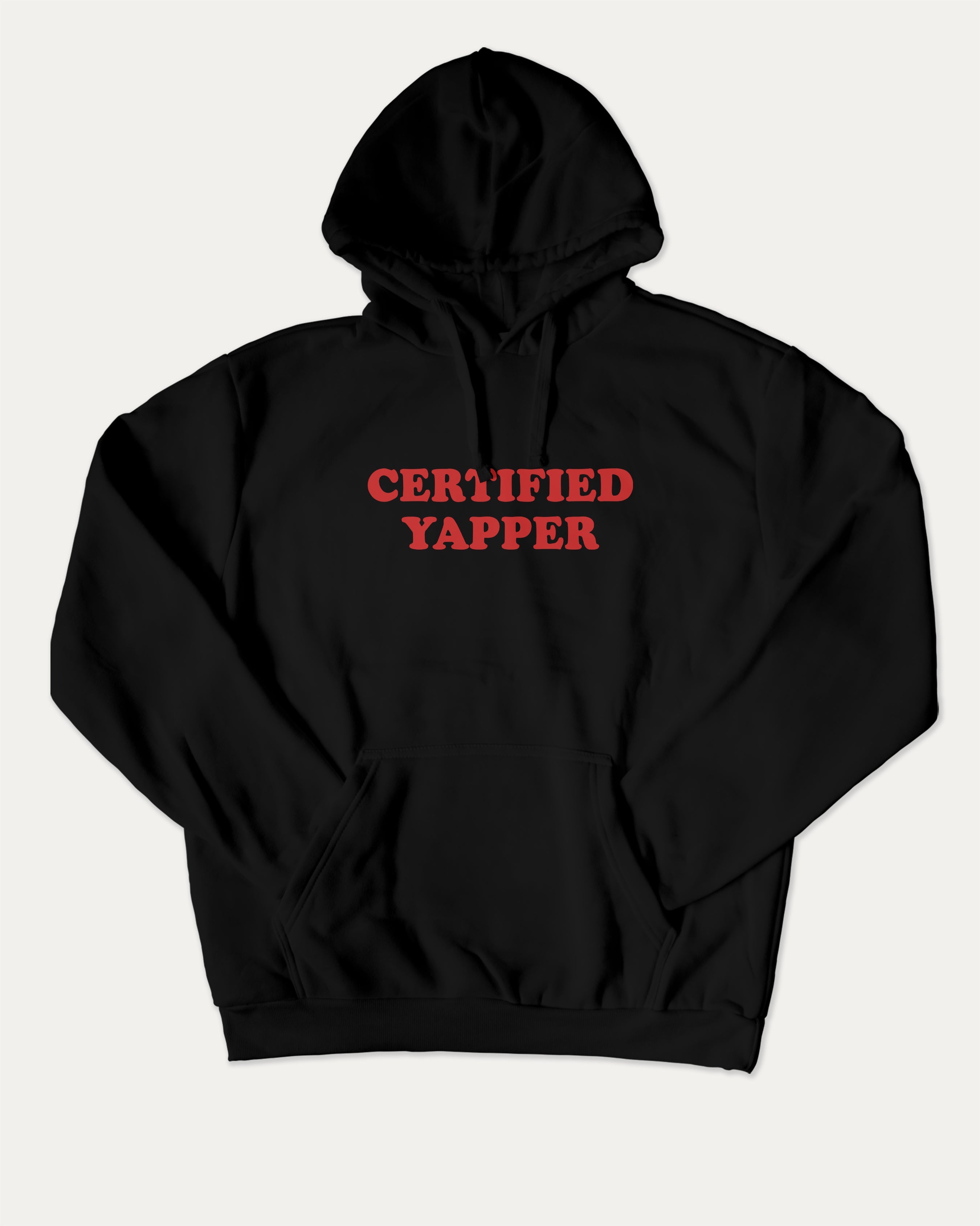 Certified Yapper graphic hoodie with funny and trendy meme artwork, casual streetwear with bold personality. Great for adults and gifting. Black hoodie.