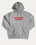 Certified Yapper graphic hoodie with funny and trendy meme artwork, casual streetwear with bold personality. Great for adults and gifting. Heather Grey hoodie.