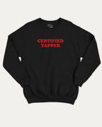 Certified Yapper graphic sweatshirt with bold and humorous print, warm and meme graphic for everyday wear. Perfect for adults and gift-giving. Black pullover.