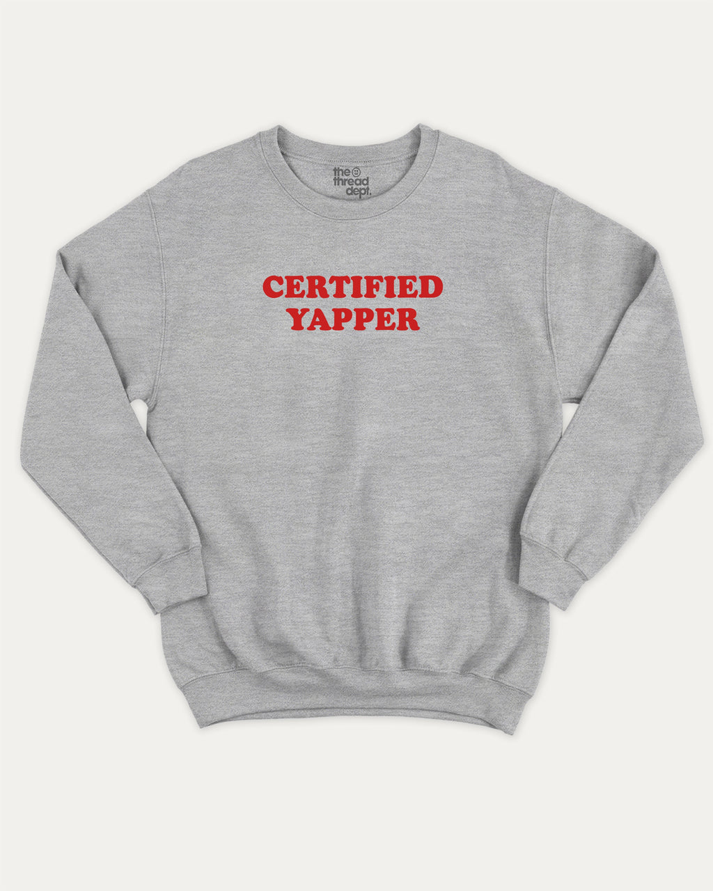 Certified Yapper graphic sweatshirt with bold and humorous print, warm and meme graphic for everyday wear. Perfect for adults and gift-giving. Heather Grey pullover.