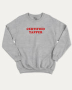 Certified Yapper graphic sweatshirt with bold and humorous print, warm and meme graphic for everyday wear. Perfect for adults and gift-giving. Heather Grey pullover.