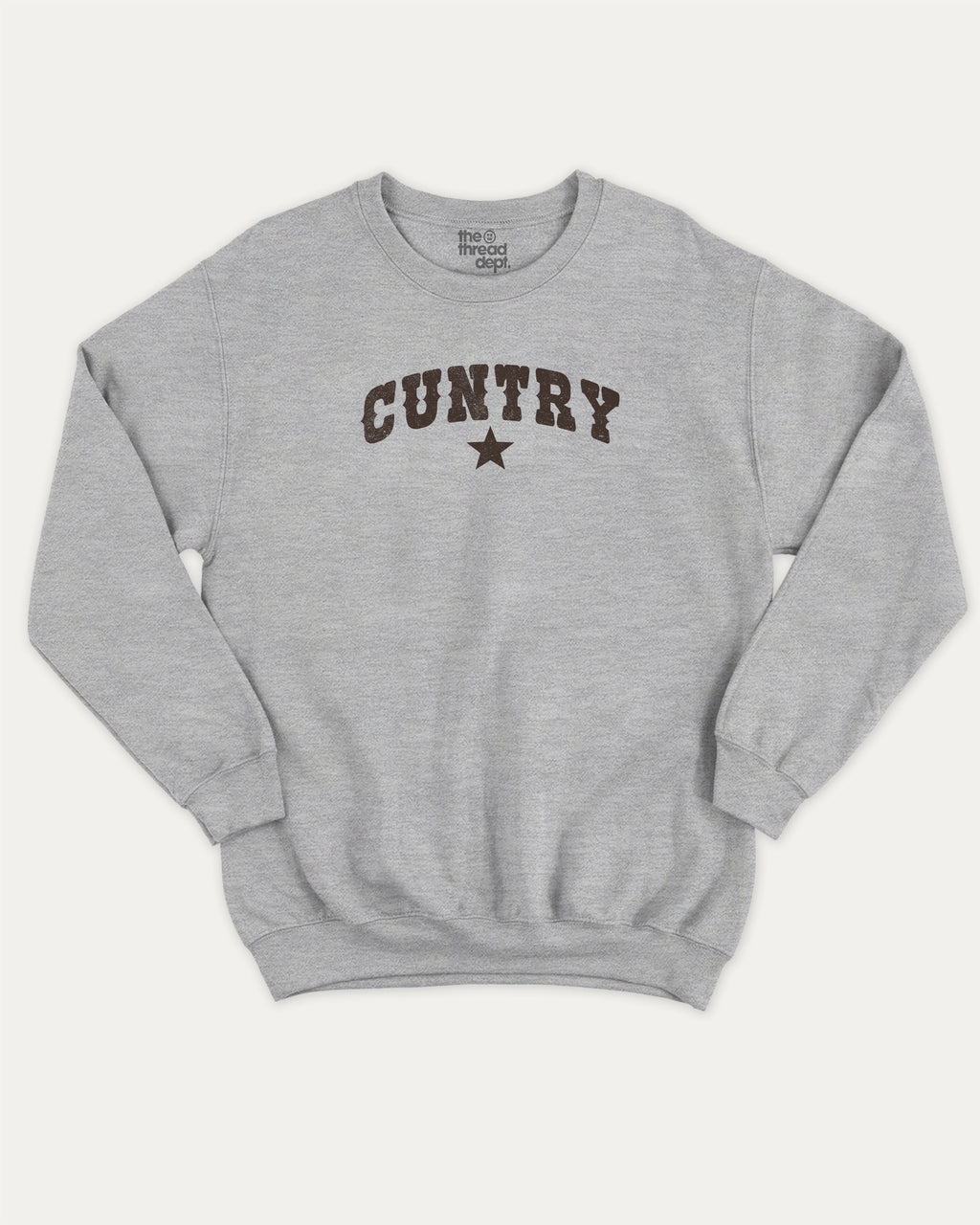 Cuntry graphic sweatshirt with bold and humorous print, Pun Graphic T shirt, Pun words tee, Funny Pun Graphic tees, warm and cozy graphic for everyday wear. Perfect for adults and gift-giving. Heather Grey pullover.
