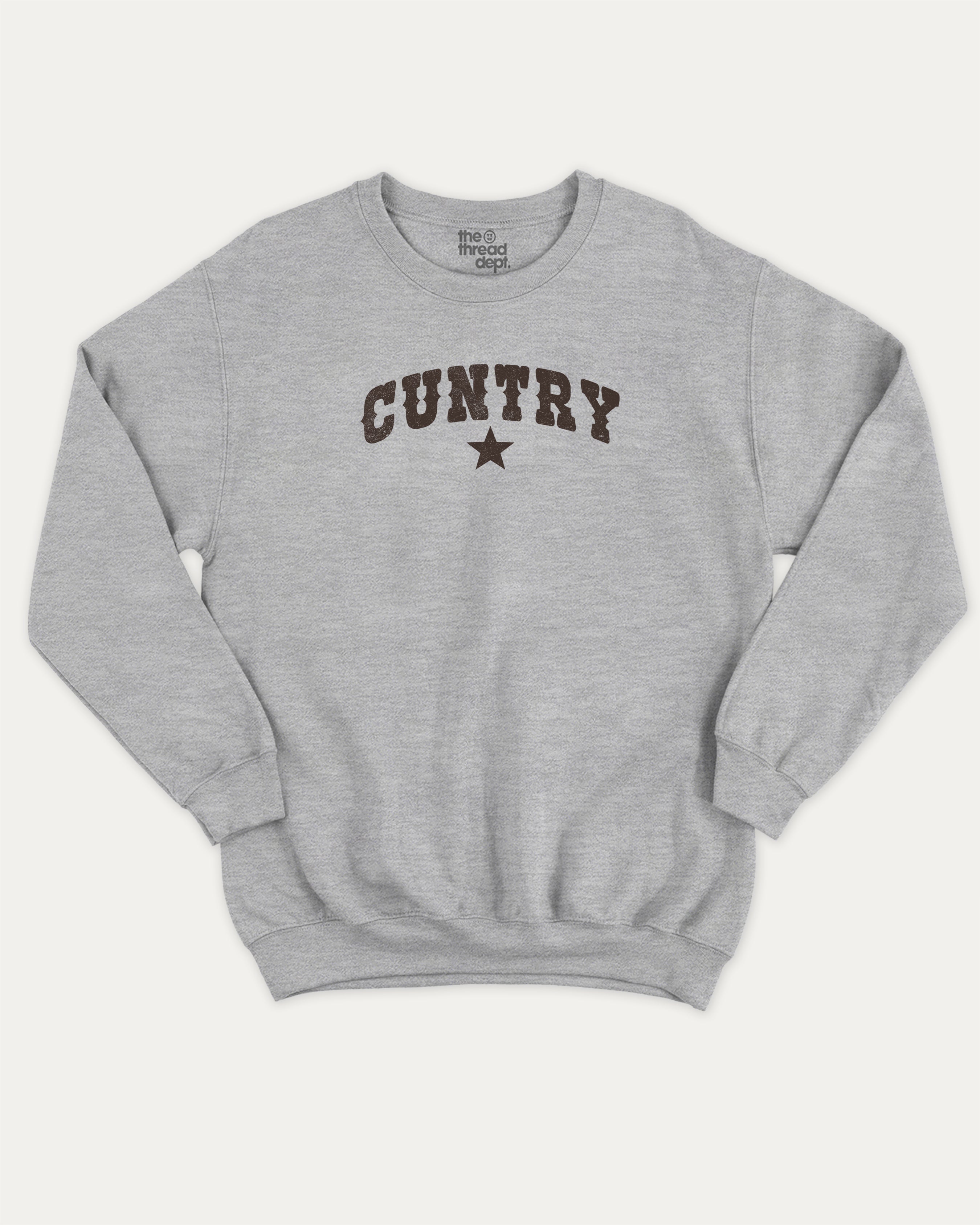 Cuntry graphic sweatshirt with bold and humorous print, Pun Graphic T shirt, Pun words tee, Funny Pun Graphic tees, warm and cozy graphic for everyday wear. Perfect for adults and gift-giving. Heather Grey pullover.