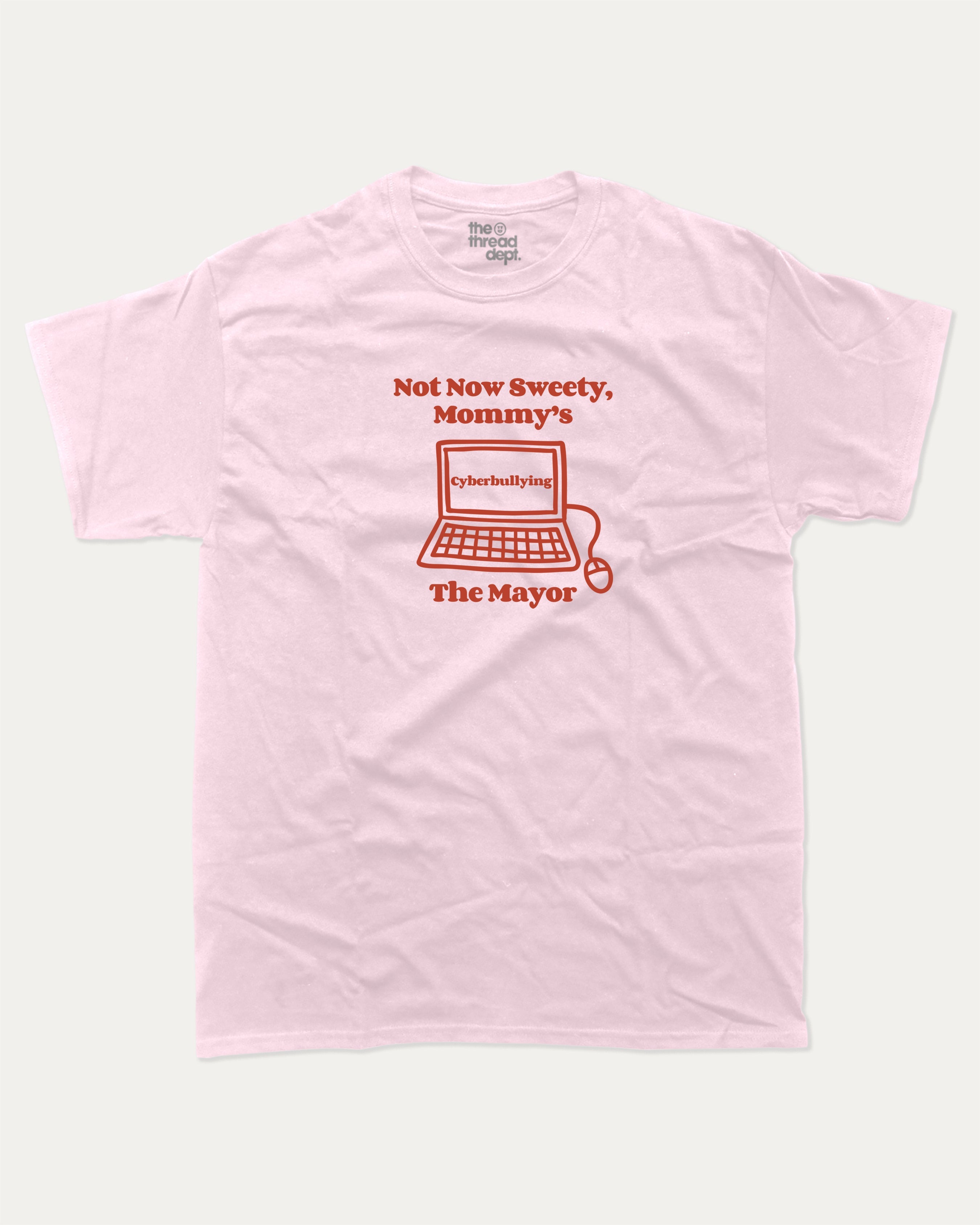 Cyberbullying graphic tee with bold and humorous print, funny and trendy graphic. Perfect for adults and gift-giving. Pink shirt.