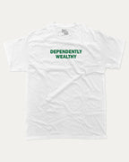 Dependently Wealthy graphic t-shirt, Funny Pun T shirt, Pun Word T shirt, A must-have funny tee, trending meme shirt, unique gift idea. White.