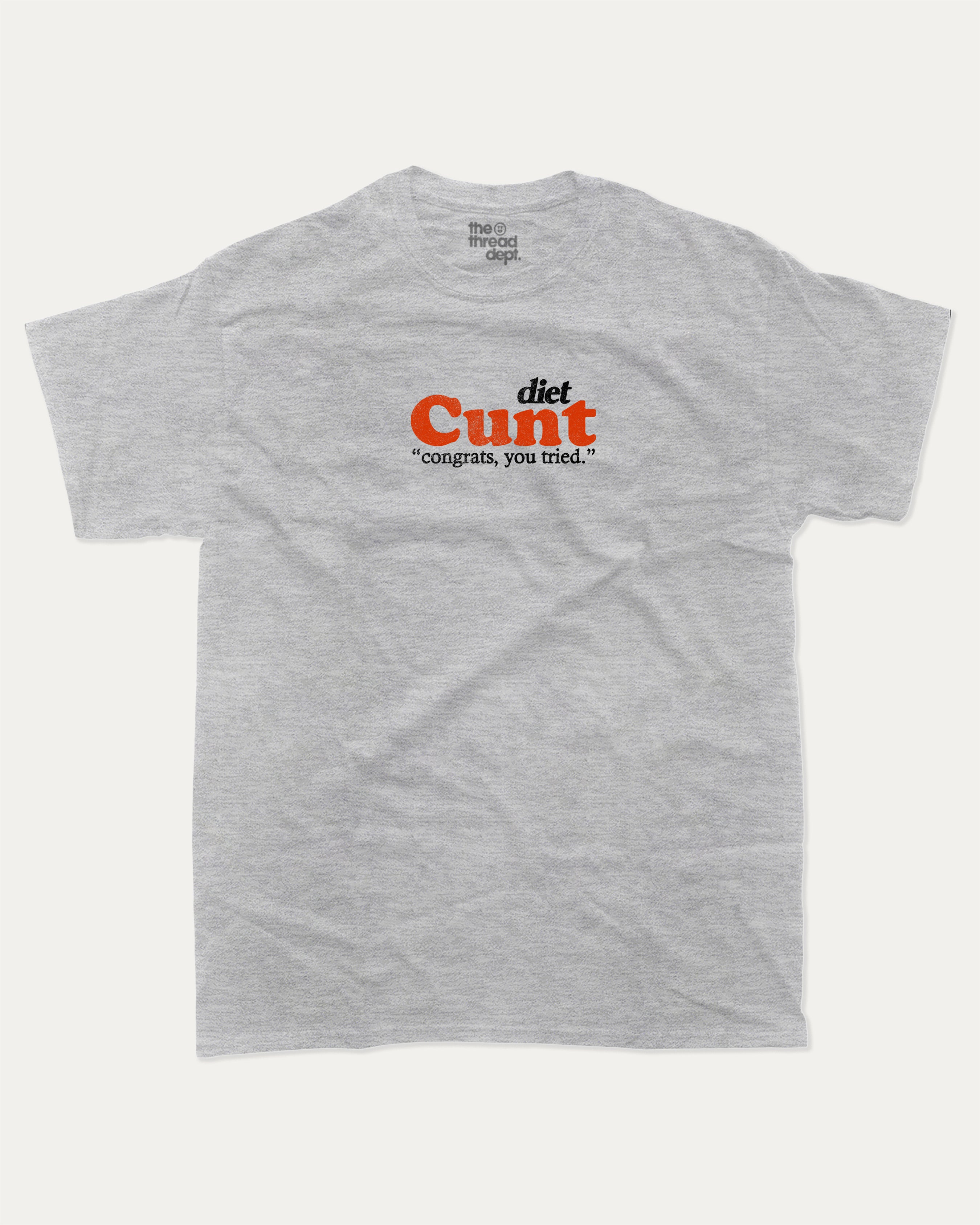 Diet Cunt graphic tee with bold and humorous print, funny and trendy graphic. Food Lover Graphic T shirt, Food T shirt, Perfect for adults and gift-giving. Heather Grey shirt.