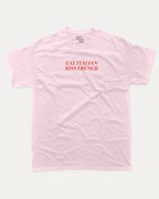 Eat Italian Kiss French graphic tee with bold and humorous print, funny and trendy graphic. Perfect for adults and gift-giving. Pink shirt.