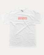 Eat Italian Kiss French graphic tee with bold and humorous print, funny and trendy graphic. Perfect for adults and gift-giving. White shirt.