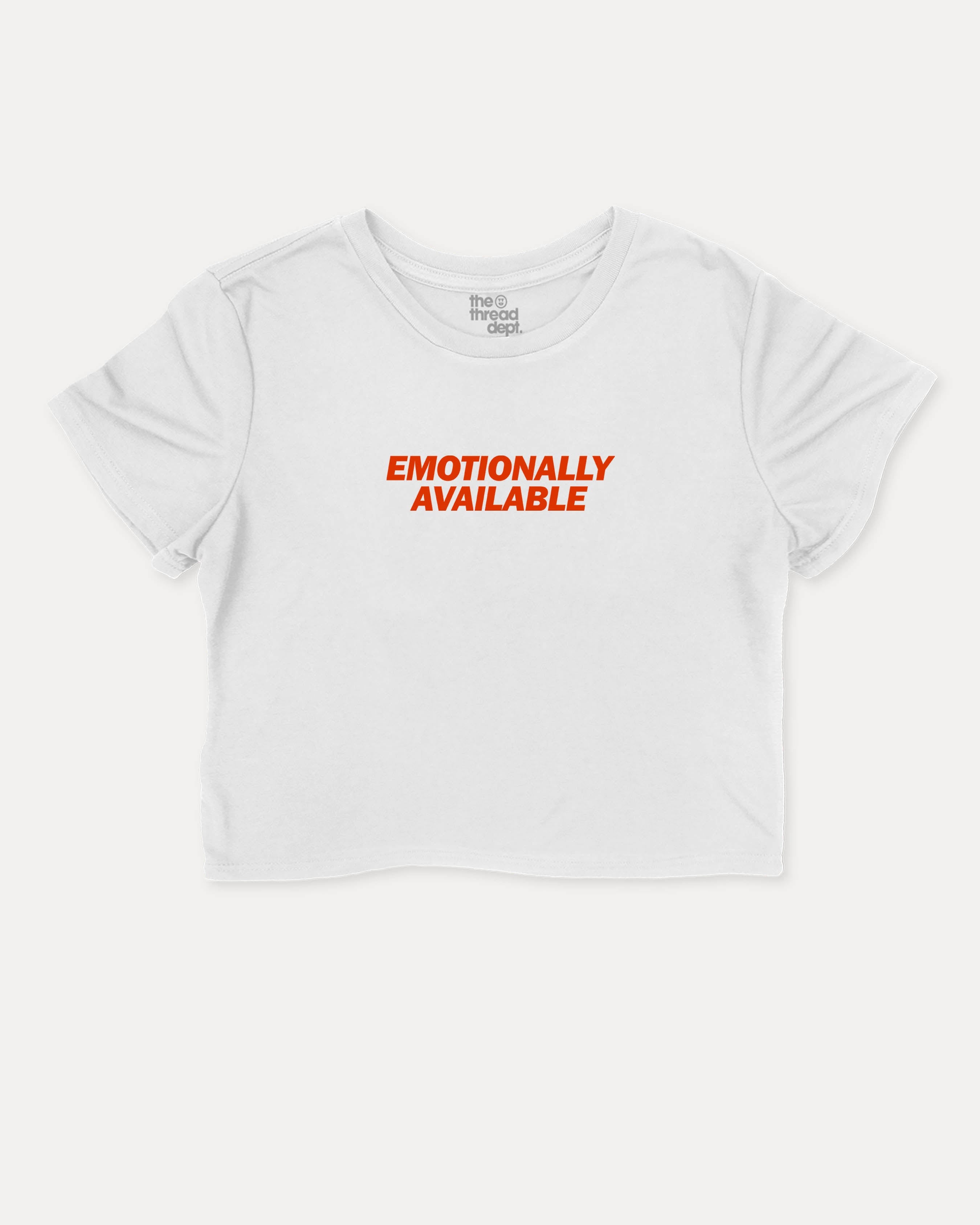 Emotionally Available graphic crop tee with funny and trendy slogan print, perfect for women’s casual looks or layering. White crop t-shirt.