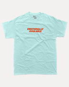 Emotionally Available graphic tee with bold and humorous print, funny and trendy graphic. Perfect for adults and gift-giving. Celadon shirt.