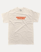 Emotionally Available graphic tee with bold and humorous print, funny and trendy graphic. Perfect for adults and gift-giving. Cream shirt.