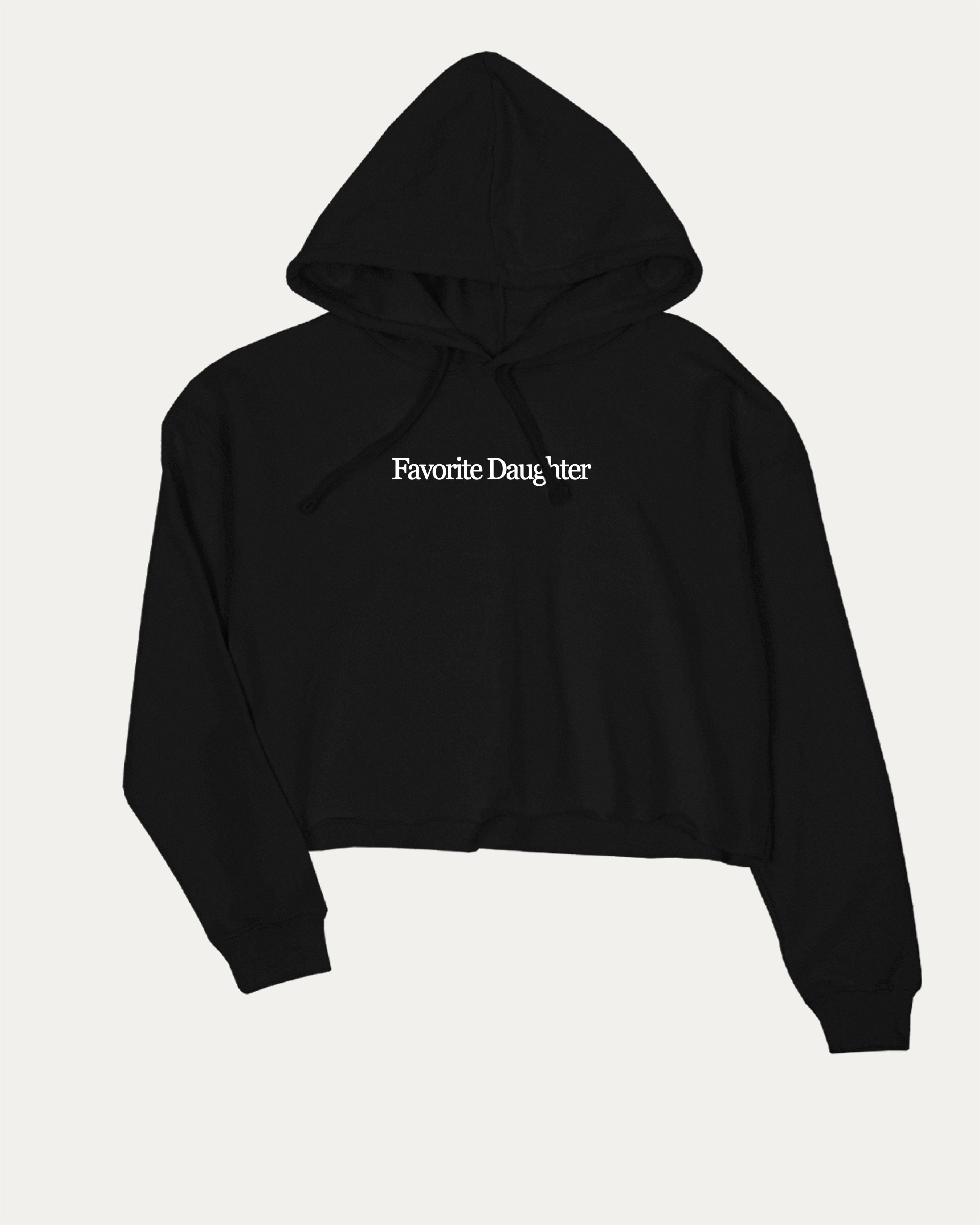 Favorite Daughter stylish cropped hoodie with aesthetic graphic, perfect for women. A must-have cropped streetwear piece, cute and edgy fashion. Black crop top