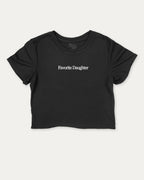 Favorite Daughter cute and trendy crop tee with funny family graphic, perfect for women. A must-have cropped aesthetic shirt, ideal for daily outfits and casual days. Black crop tee