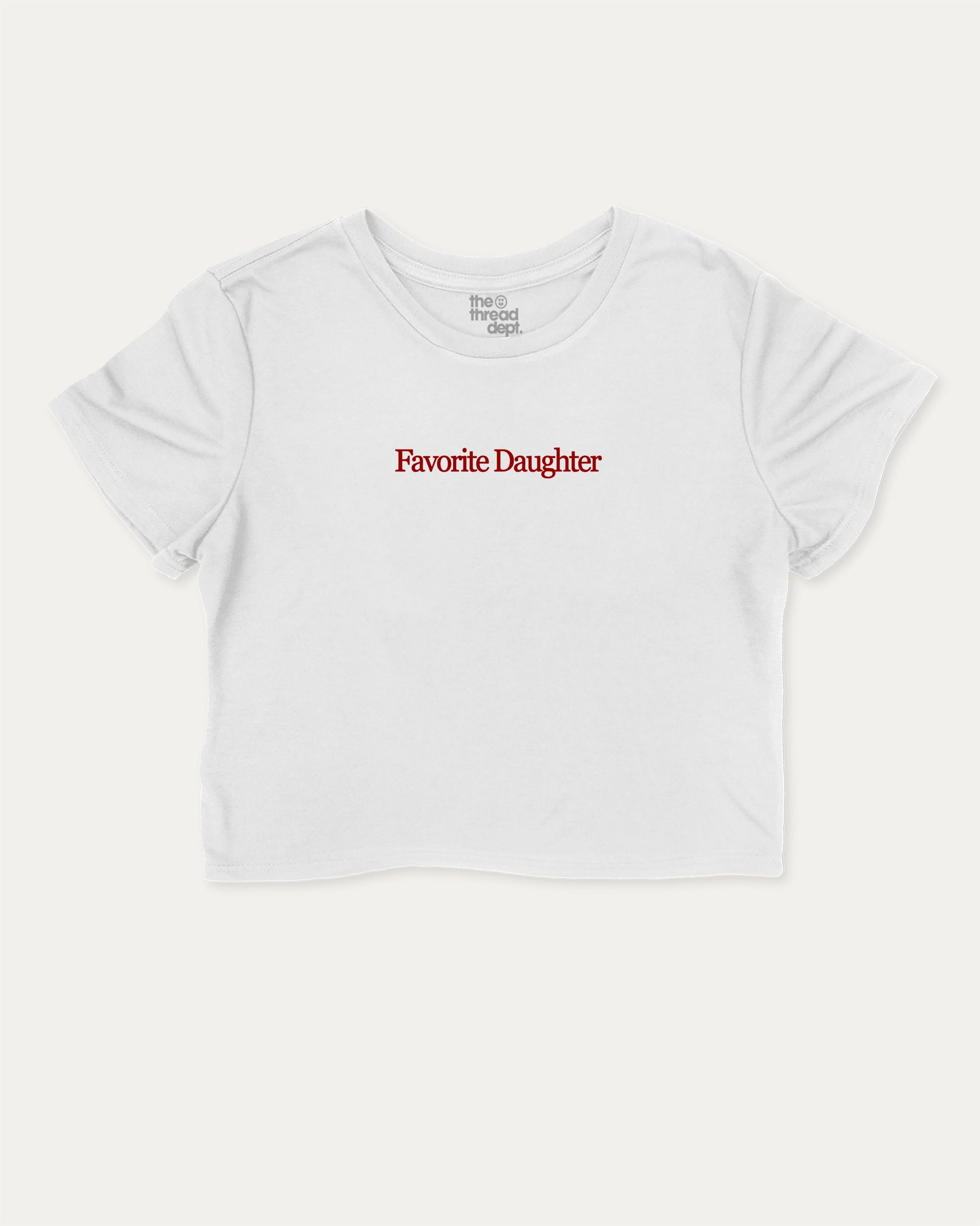 Favorite Daughter cute and trendy crop tee with funny family graphic, perfect for women. A must-have cropped aesthetic shirt, ideal for daily outfits and casual days. White crop tee