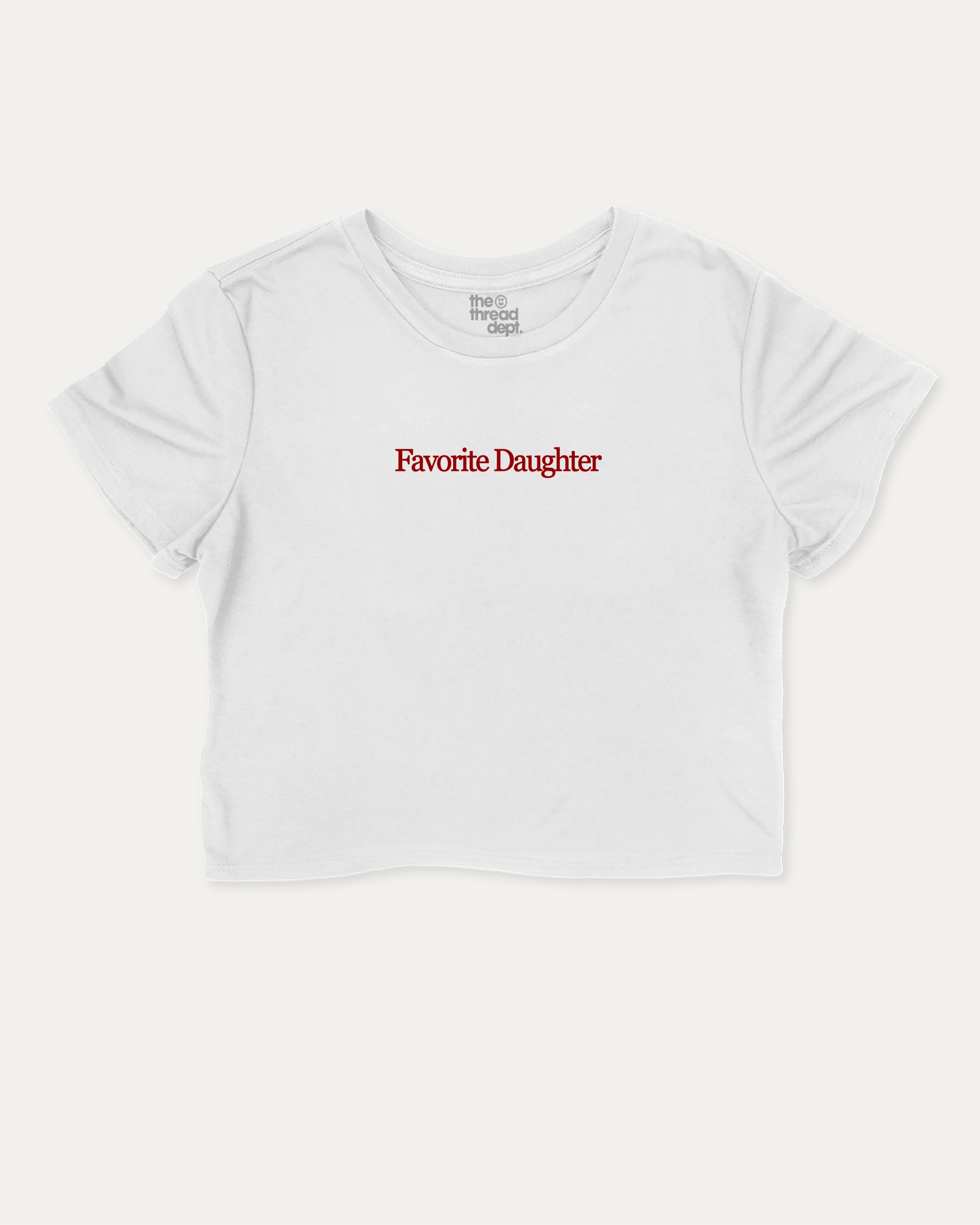 Favorite Daughter cute and trendy crop tee with funny family graphic, perfect for women. A must-have cropped aesthetic shirt, ideal for daily outfits and casual days. White crop tee