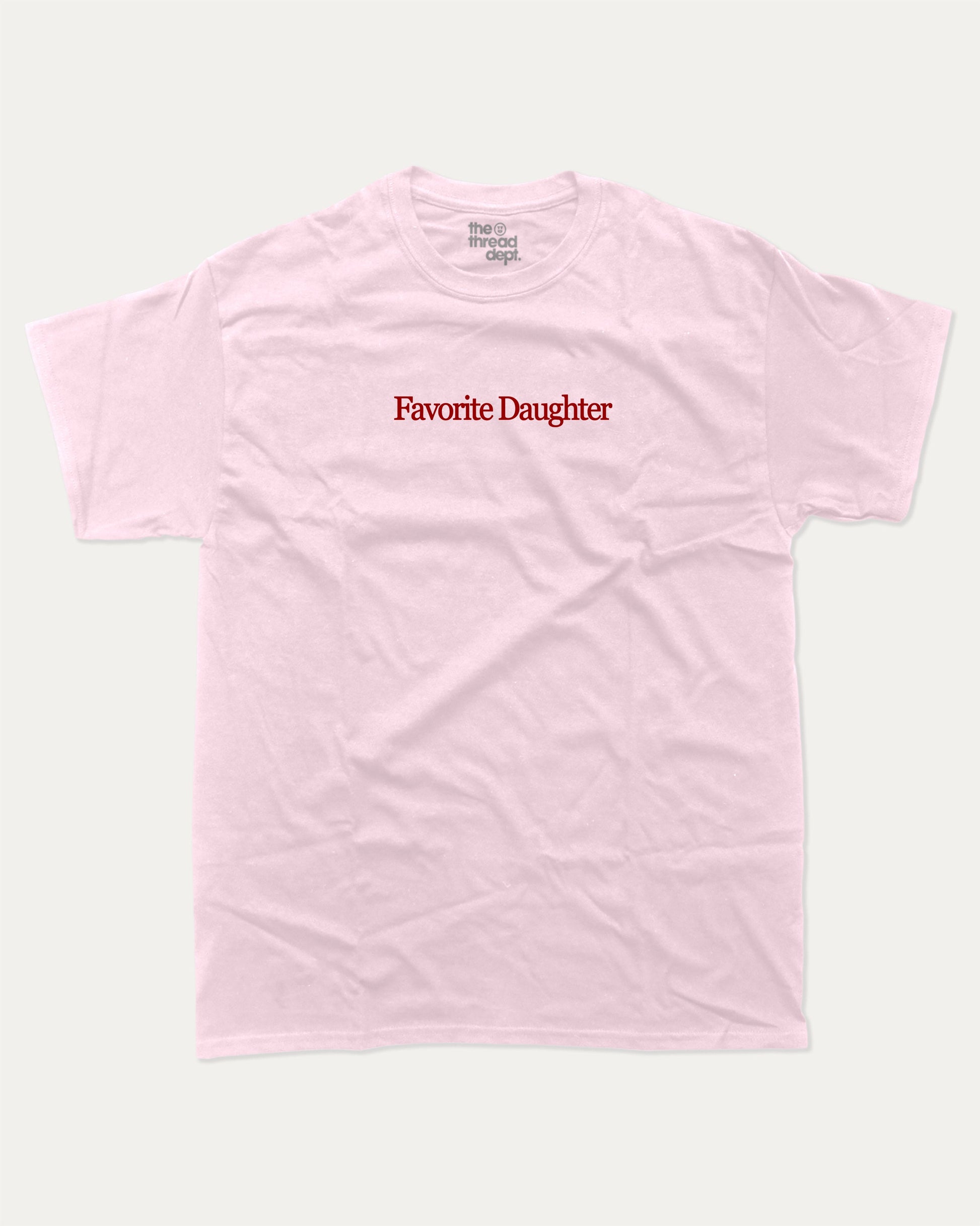Favorite Daughter graphic t-shirt, perfect for adults. Funny Daughter tee, trending meme shirt, unique gift idea. Pink.