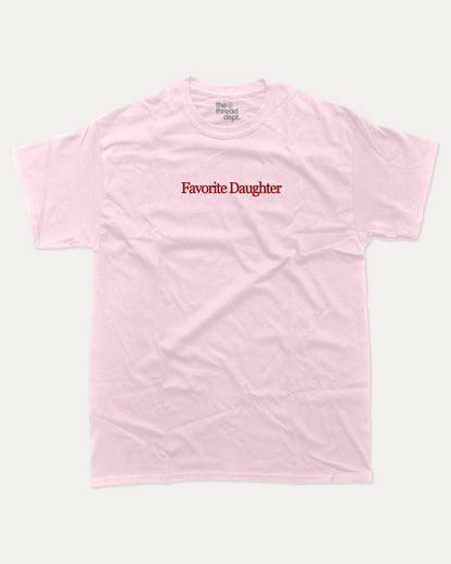 Favorite Daughter graphic t-shirt, perfect for adults. Funny Daughter tee, trending meme shirt, unique gift idea. Pink.