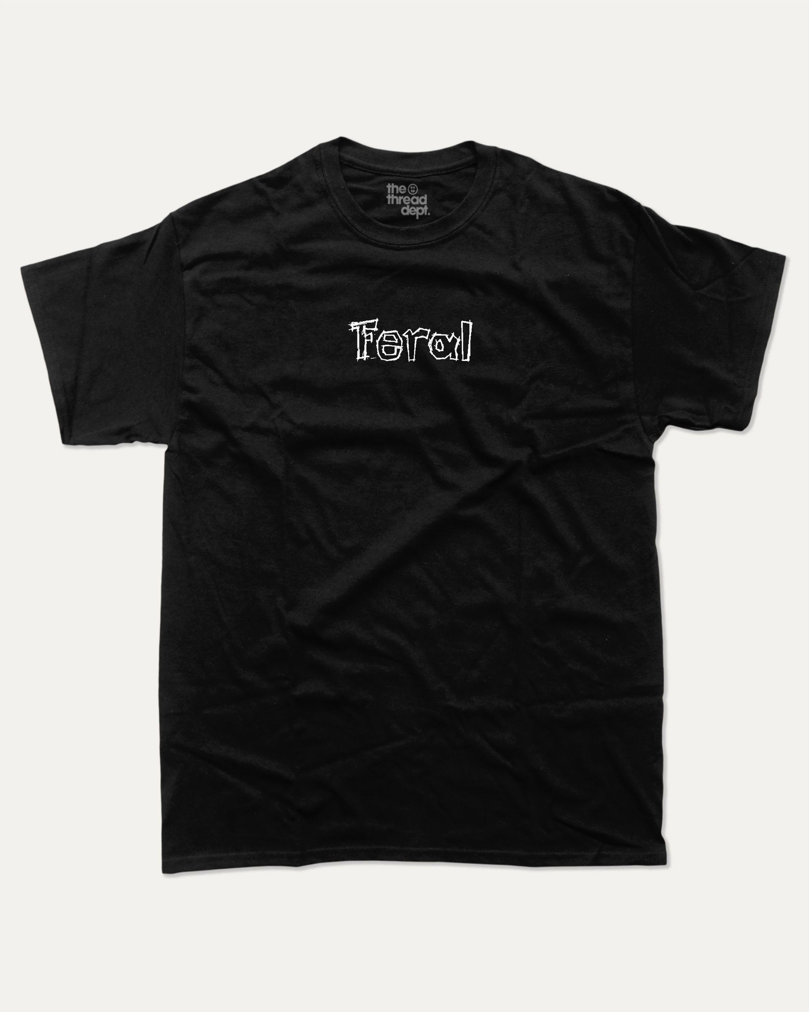 Feral graphic tee with bold and humorous print, funny and trendy graphic. Perfect for adults and gift-giving. Black shirt.
