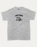 FREE HUGS graphic tee with bold and humorous print, funny and trendy graphic. Perfect for adults and gift-giving. Heather Grey shirt.