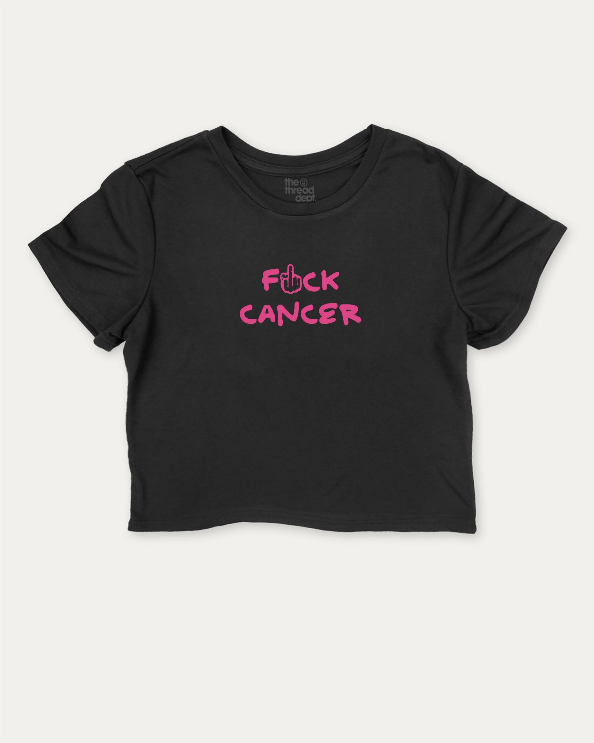 Fuck Cancer graphic crop tee with funny and trendy slogan print, perfect for breast cancer awareness. Black crop t-shirt.