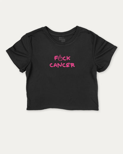 Fuck Cancer graphic crop tee with funny and trendy slogan print, perfect for breast cancer awareness. Black crop t-shirt.