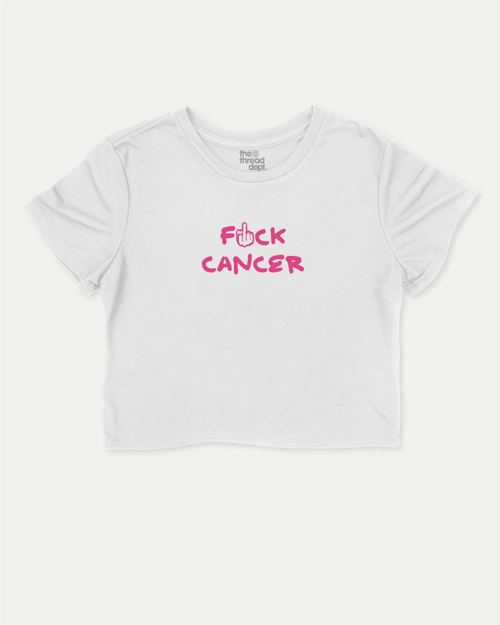 Fuck Cancer graphic crop tee with funny and trendy slogan print, perfect for breast cancer awareness. White crop t-shirt.