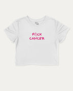 Fuck Cancer graphic crop tee with funny and trendy slogan print, perfect for breast cancer awareness. White crop t-shirt.