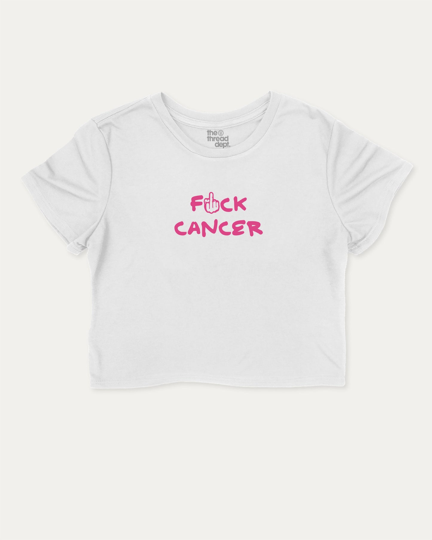 Fuck Cancer graphic crop tee with funny and trendy slogan print, perfect for breast cancer awareness. White crop t-shirt.