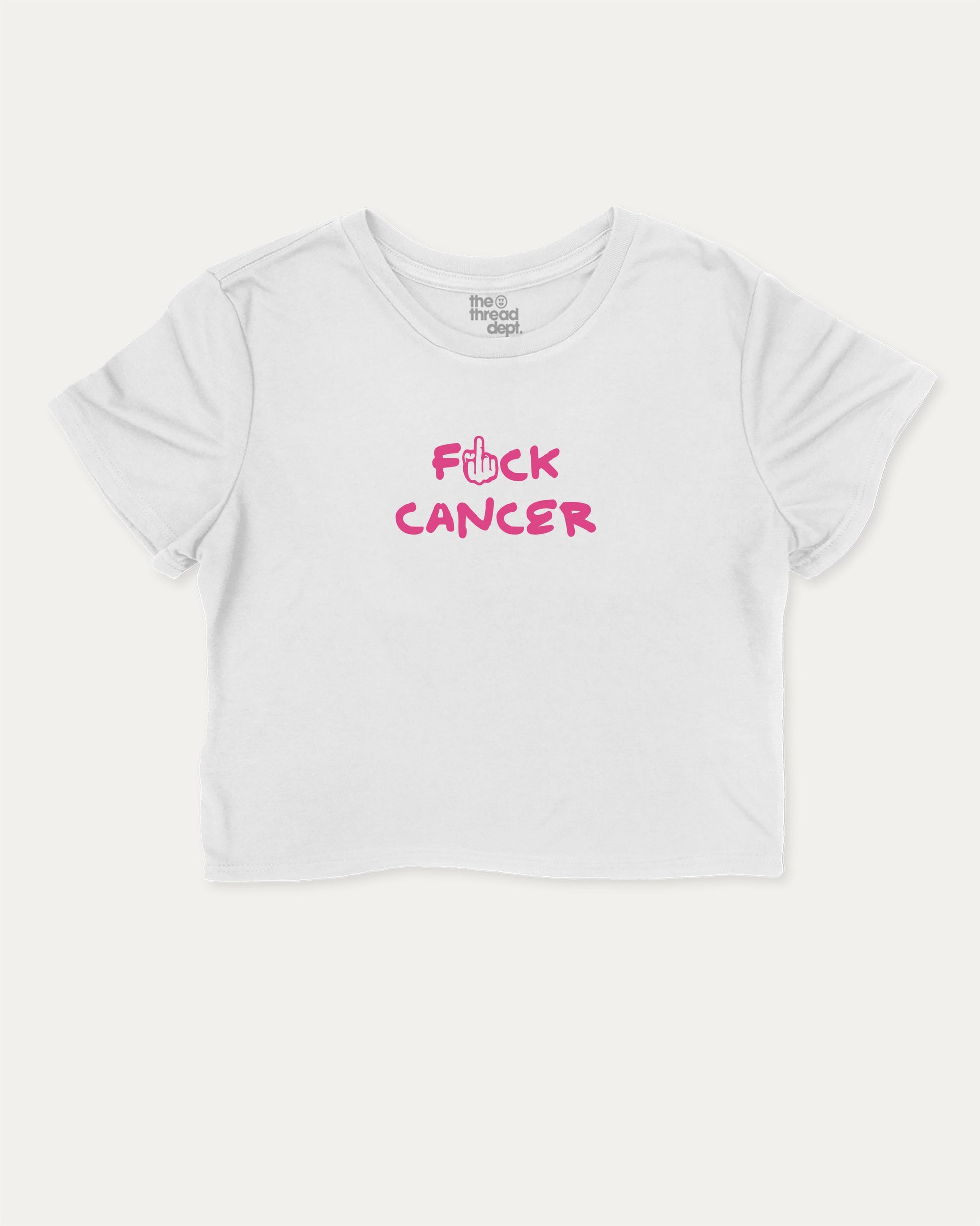 Fuck Cancer graphic crop tee with funny and trendy slogan print, perfect for breast cancer awareness. White crop t-shirt.