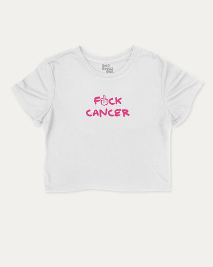 Fuck Cancer graphic crop tee with funny and trendy slogan print, perfect for breast cancer awareness. White crop t-shirt.