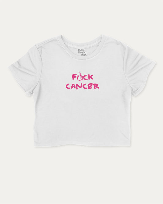 Fuck Cancer graphic crop tee with funny and trendy slogan print, perfect for breast cancer awareness. White crop t-shirt.