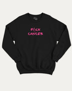 Fuck Cancer graphic sweatshirt with funny breast cancer awareness print, warm and cozy graphic for everyday wear. Perfect for adults and gift-giving. Black pullover.