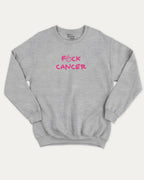 Fuck Cancer graphic sweatshirt with funny breast cancer awareness print, warm and cozy graphic for everyday wear. Perfect for adults and gift-giving. Heather Grey pullover.