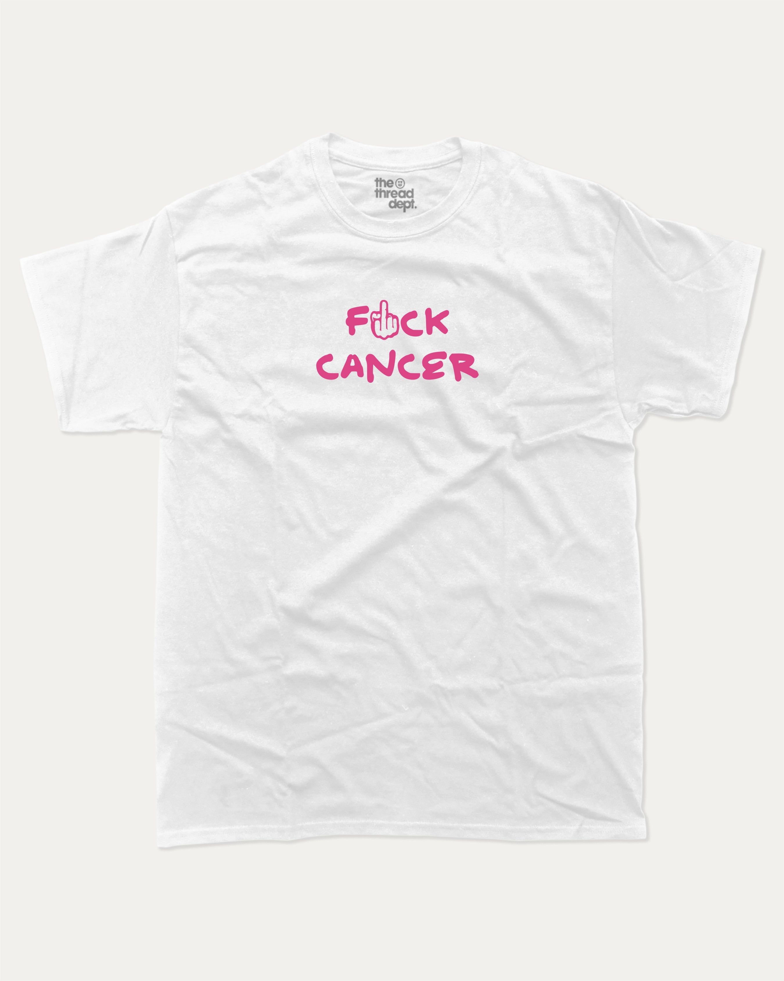 Fuck Cancer graphic tee with funny cancer print, funny and trendy graphic. Perfect for adults and gift-giving. White shirt.
