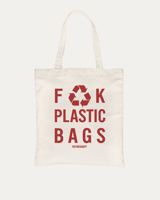 Fuck Plastic Bags cotton canvas tote bag with humorous graphic, perfect for everyday carry. A must-have aesthetic accessory, great for shopping, school, or casual days. Special gifts for friends. Natural bag