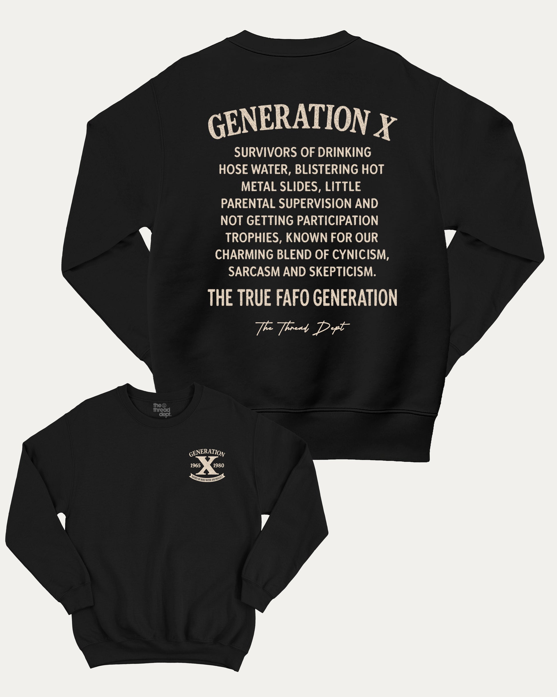 Black sweatshirt with white text on a white background