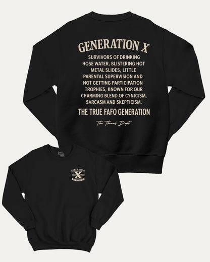 Black sweatshirt with white text on a white background